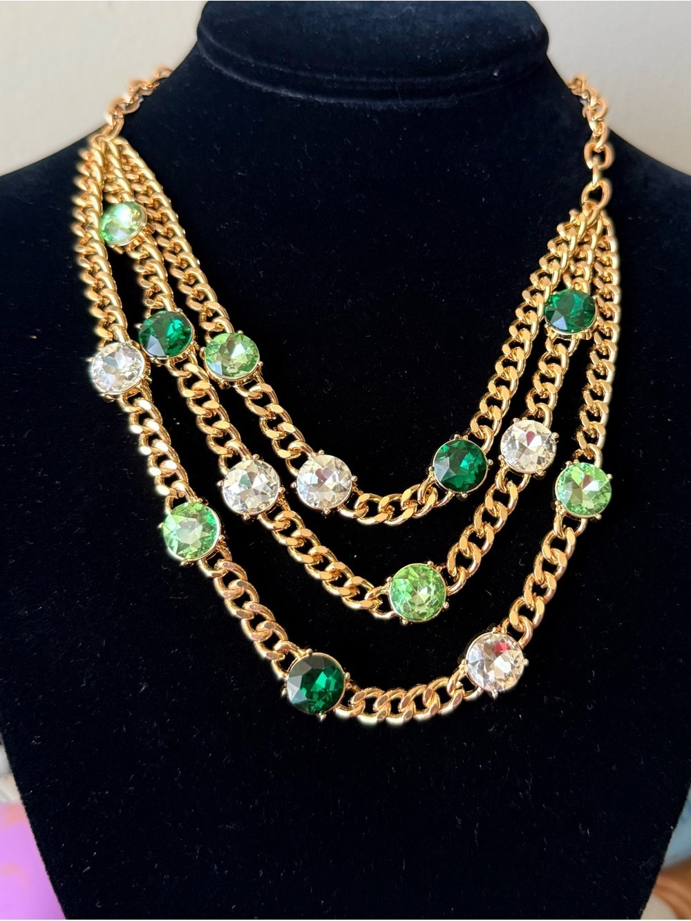 Gold Multi-Strand Necklace with Green and Clear Crystal Accents